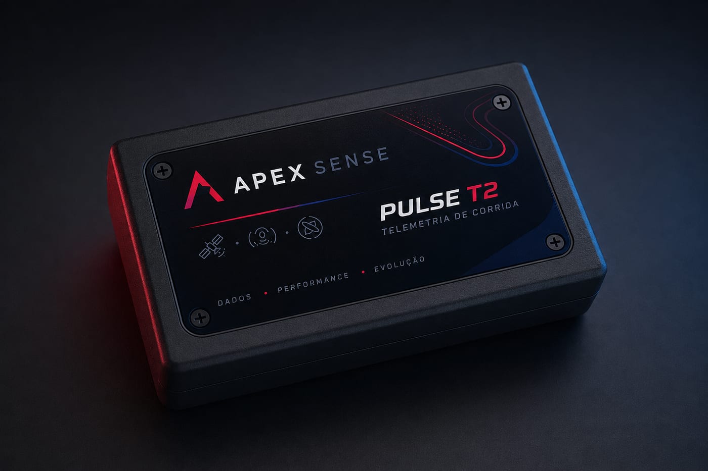 Módulo Pulse T2: caixa preta com a marca ApexSense, o nome Pulse T2 e a inscrição telemetria de corrida.
